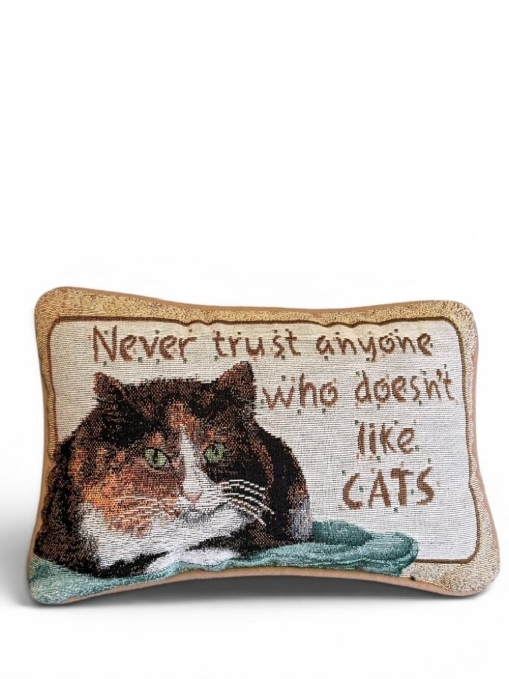 "Never trust anyone who doesn't like cats" tapestry accent pillow